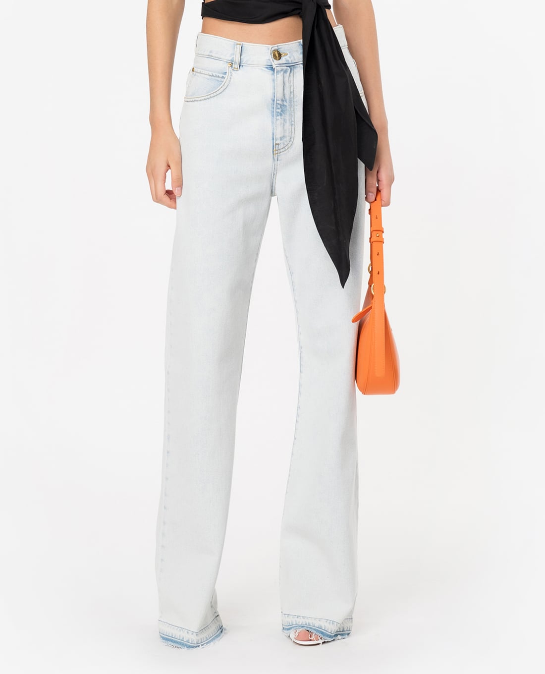 PINKO - Quần jeans ống rộng lưng cao phối viền tua rua Wanda