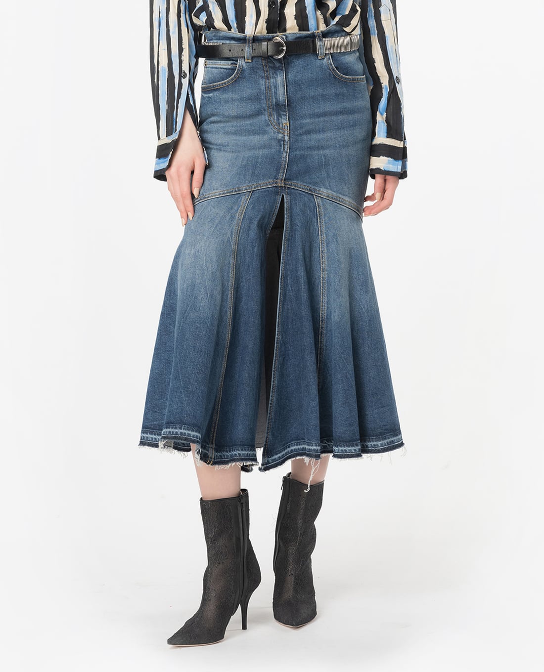 PINKO - Chân váy denim midi xếp li xẻ tà Ghirla