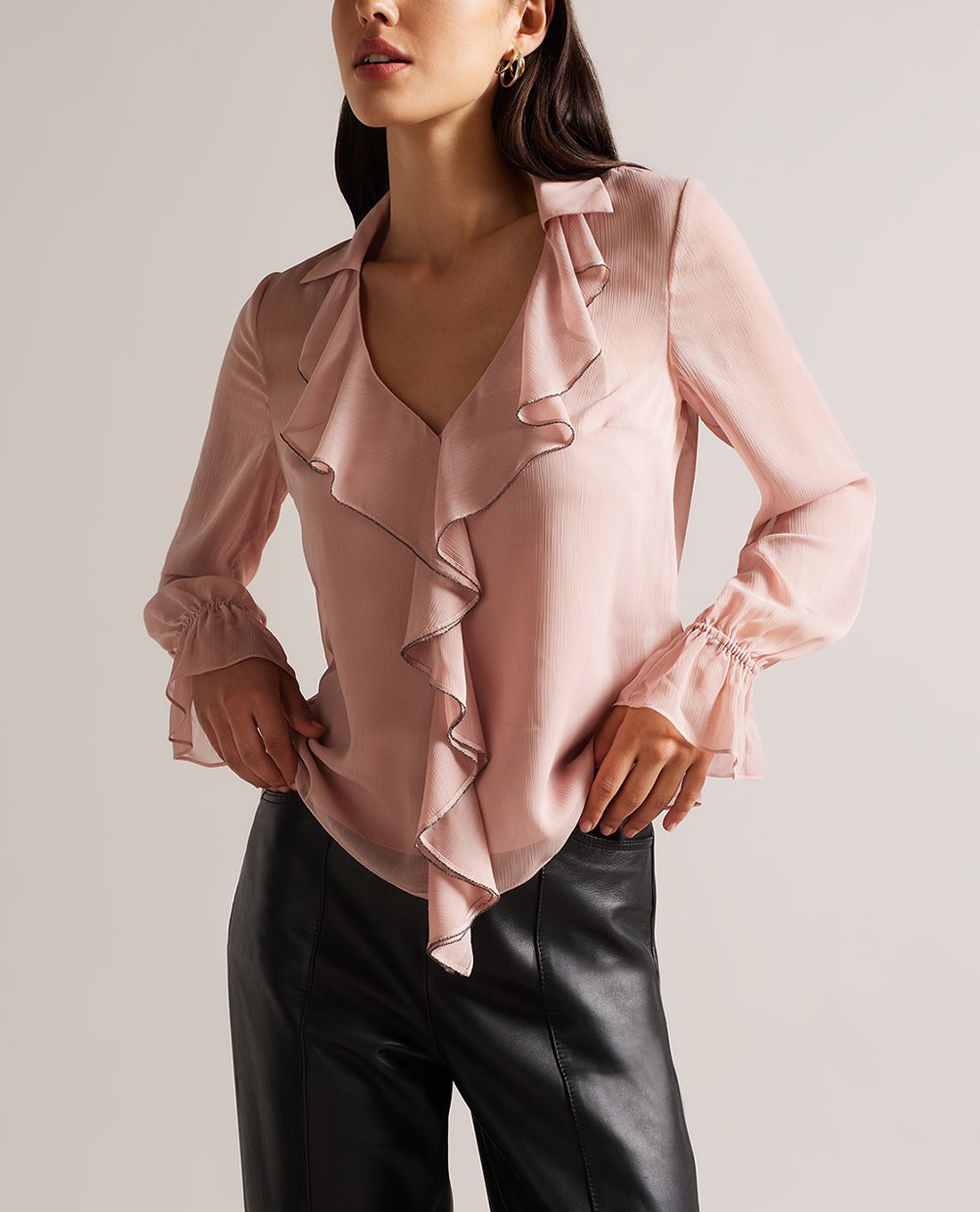 Ted Baker - Áo Kiểu Nữ Tay Dài Cổ V Nhún Bèo Nữ Tính