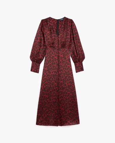  THE KOOPLES - Đầm midi cổ V Burgundy Leopard Motif 