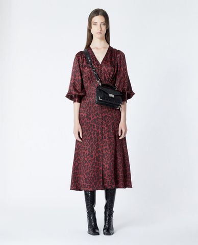  THE KOOPLES - Đầm midi cổ V Burgundy Leopard Motif 