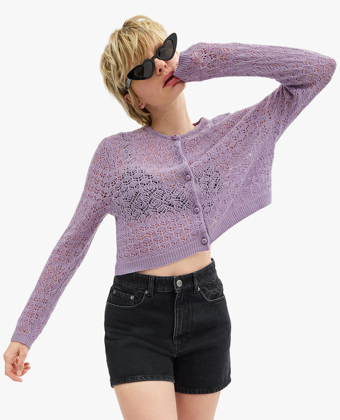 COACH - Áo khoác cardigan nữ cổ tròn tay dài phối ren Lace