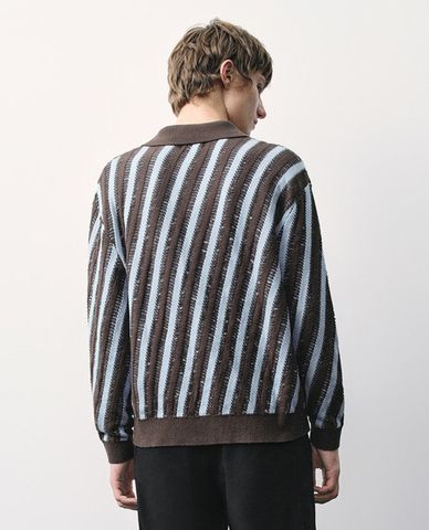  URBAN REVIVO - Áo dệt kim nam cổ bẻ tay dài phối sọc hiện đại 