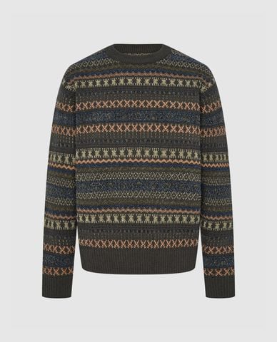  URBAN REVIVO - Áo dệt kim nam cổ tròn tay dài phối hoạ tiết thời trang 