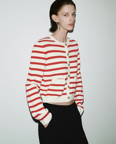  URBAN REVIVO - Áo khoác cardigan nữ cổ tròn tay dài Striped 