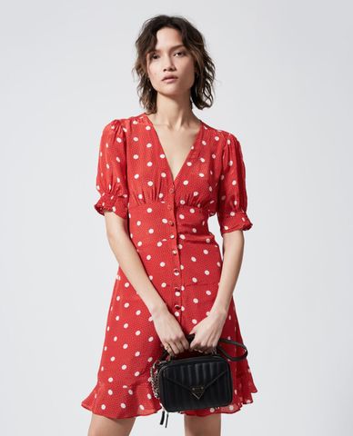  THE KOOPLES - Đầm mini chấm bi cổ V Red Short 
