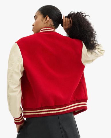  COACH - Áo khoác bóng chày nữ tay dài phối nút Varsity 