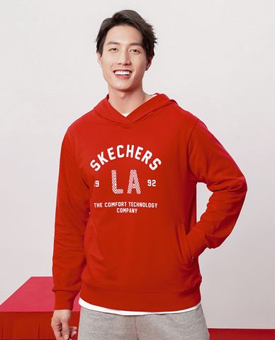  SKECHERS - Áo hoodie nam phối mũ tay dài Red Mood 