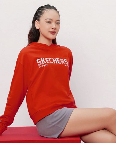  SKECHERS - Áo hoodie nữ phối mũ tay dài Red Mood 