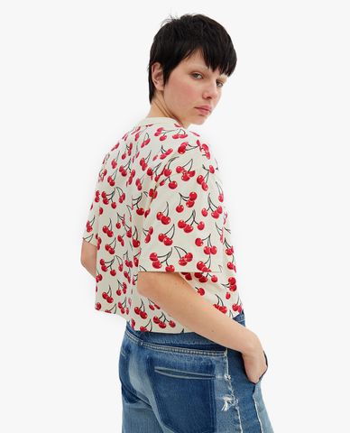  COACH - Áo croptop nữ cổ tròn tay ngắn Cherry Print Cursive Signature 