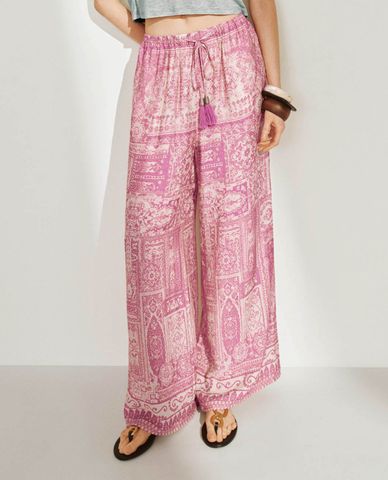  URBAN REVIVO - Quần nữ ống rộng lưng thun phối họa tiết 