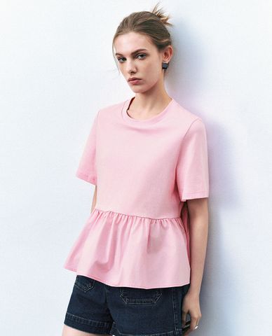  URBAN REVIVO - Áo kiểu nữ cổ tròn tay ngắn dáng xoè 