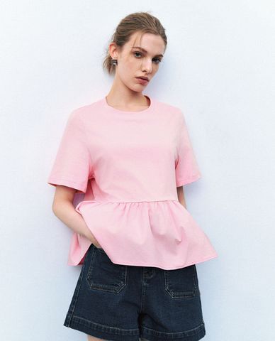  URBAN REVIVO - Áo kiểu nữ cổ tròn tay ngắn dáng xoè 