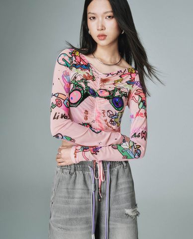  URBAN REVIVO - Áo kiểu nữ tay dài phối dây rút Printed 