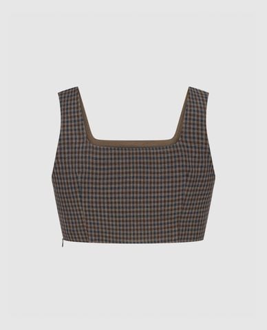  URBAN REVIVO - Áo croptop nữ cổ vuông Checkered 