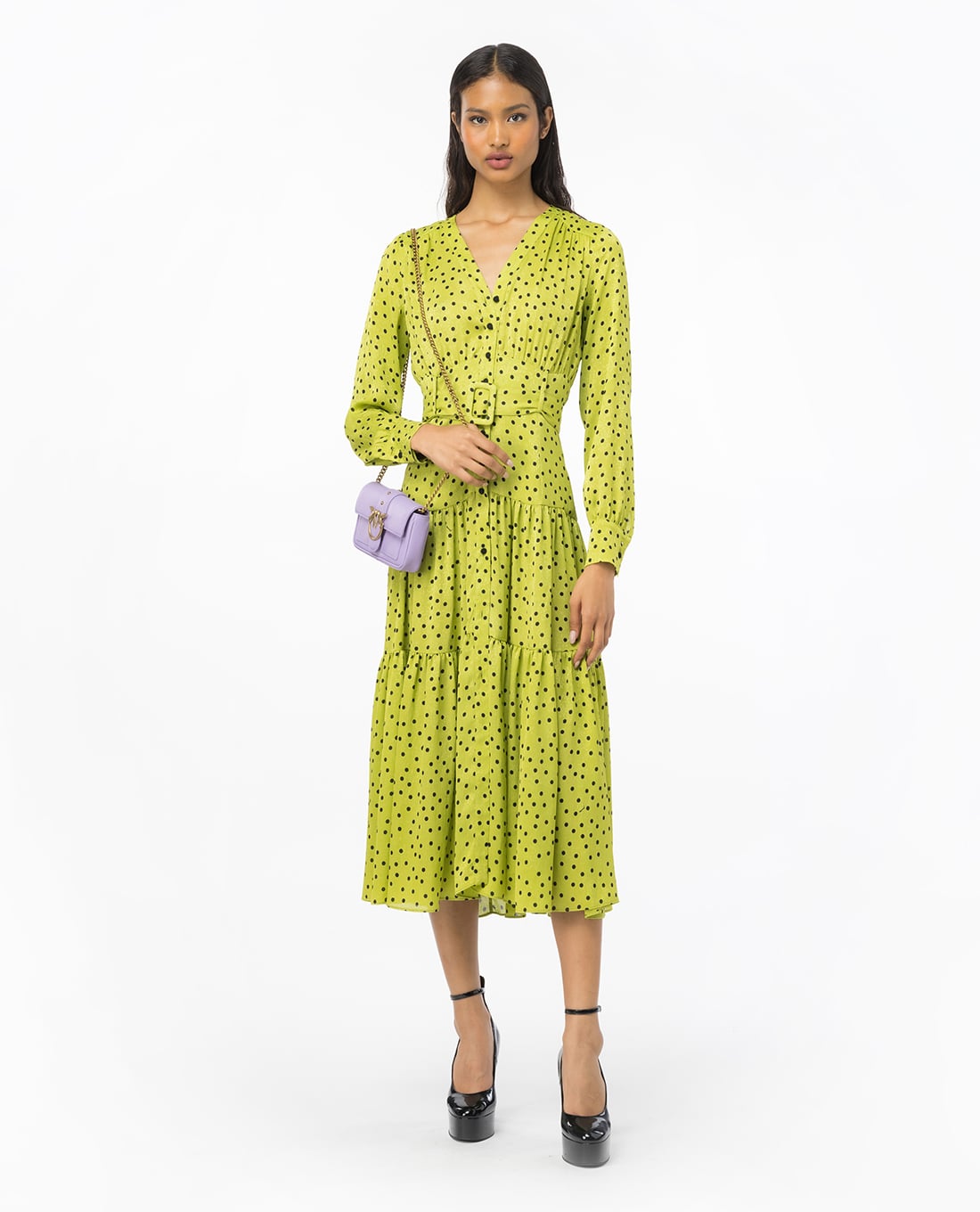 PINKO - Đầm xếp li midi cổ V tay dài Isometria