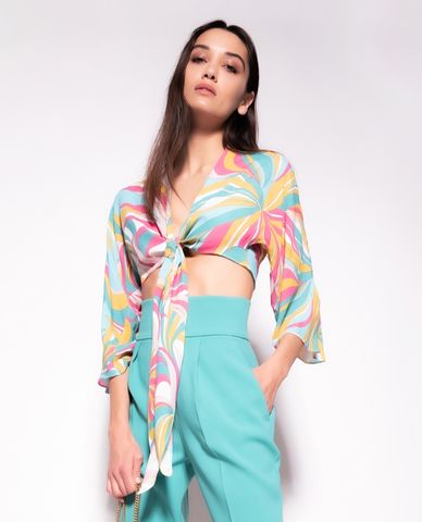  PINKO - Áo croptop nữ cổ V tay dài ống loe Cushamen 