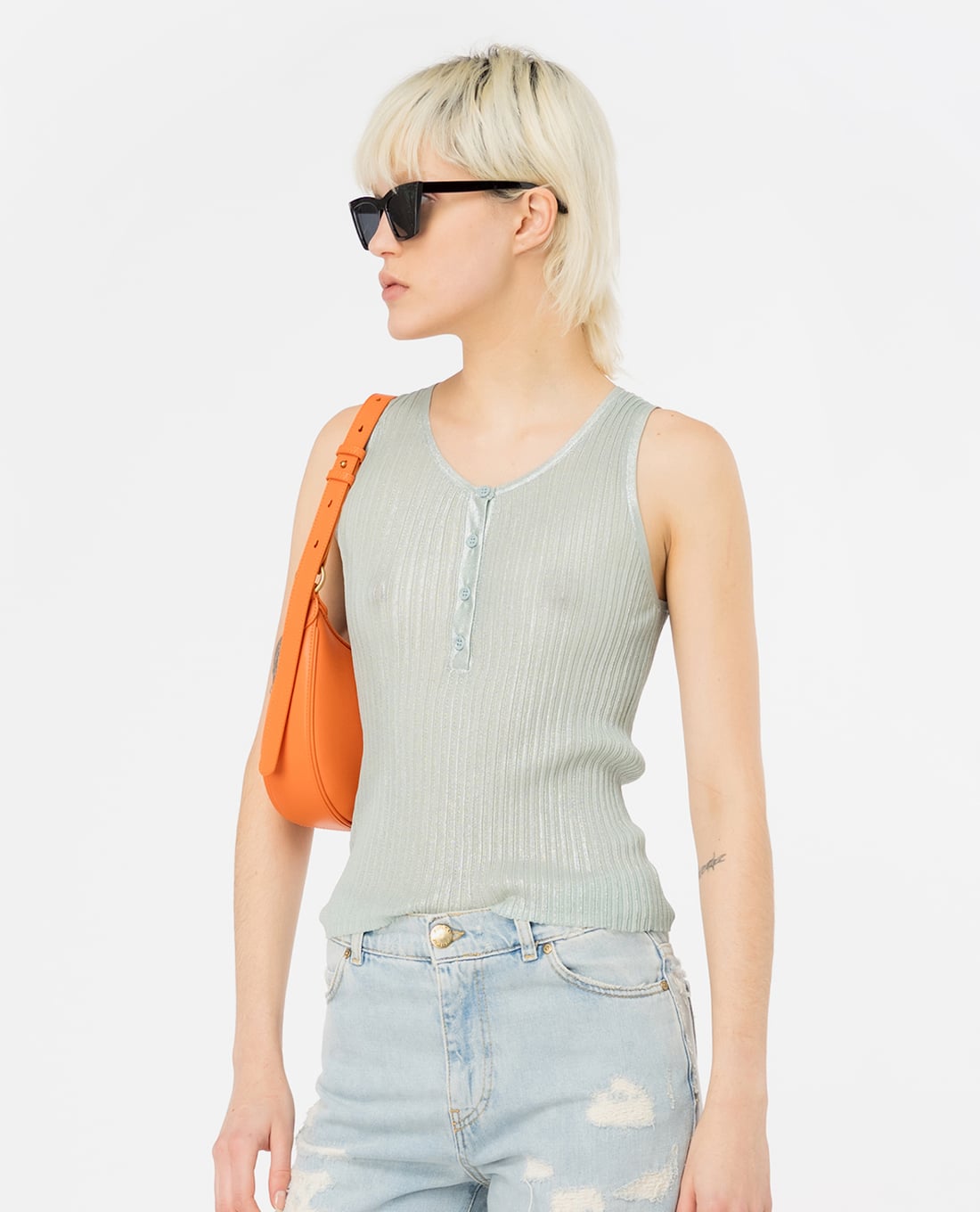 PINKO - Áo sát nách cổ tròn phối nút Robocop