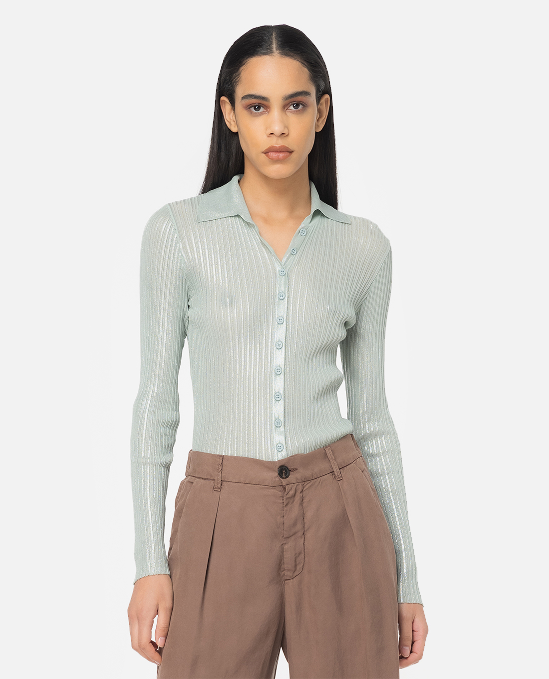 PINKO - Áo sơ mi cổ bẻ tay dài phom ôm Rush