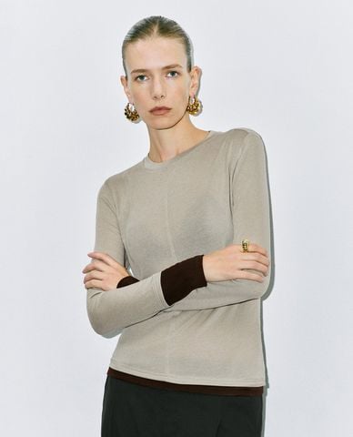  URBAN REVIVO - Áo thun nữ cổ cao tay dài xuyên thấu Skinny 