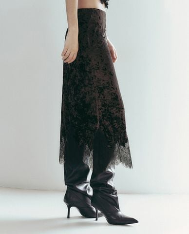  URBAN REVIVO - Chân váy phom suông midi phối viền ren 