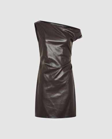  URBAN REVIVO - Đầm sát nách mini lệch vai phom ôm Vegan Leather 