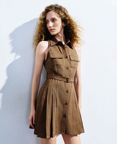  URBAN REVIVO - Đầm sát nách mini cổ bẻ phối thắt lưng A-Line 