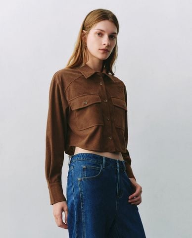  URBAN REVIVO - Áo sơ mi nữ tay dài phom croptop Button Up Loose 