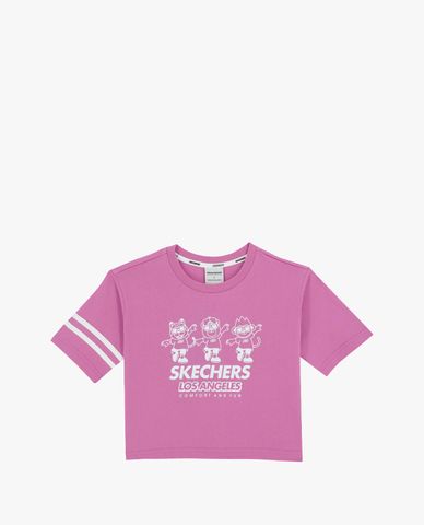  SKECHERS - Áo thun bé gái cổ tròn tay ngắn phối kẻ sọc 
