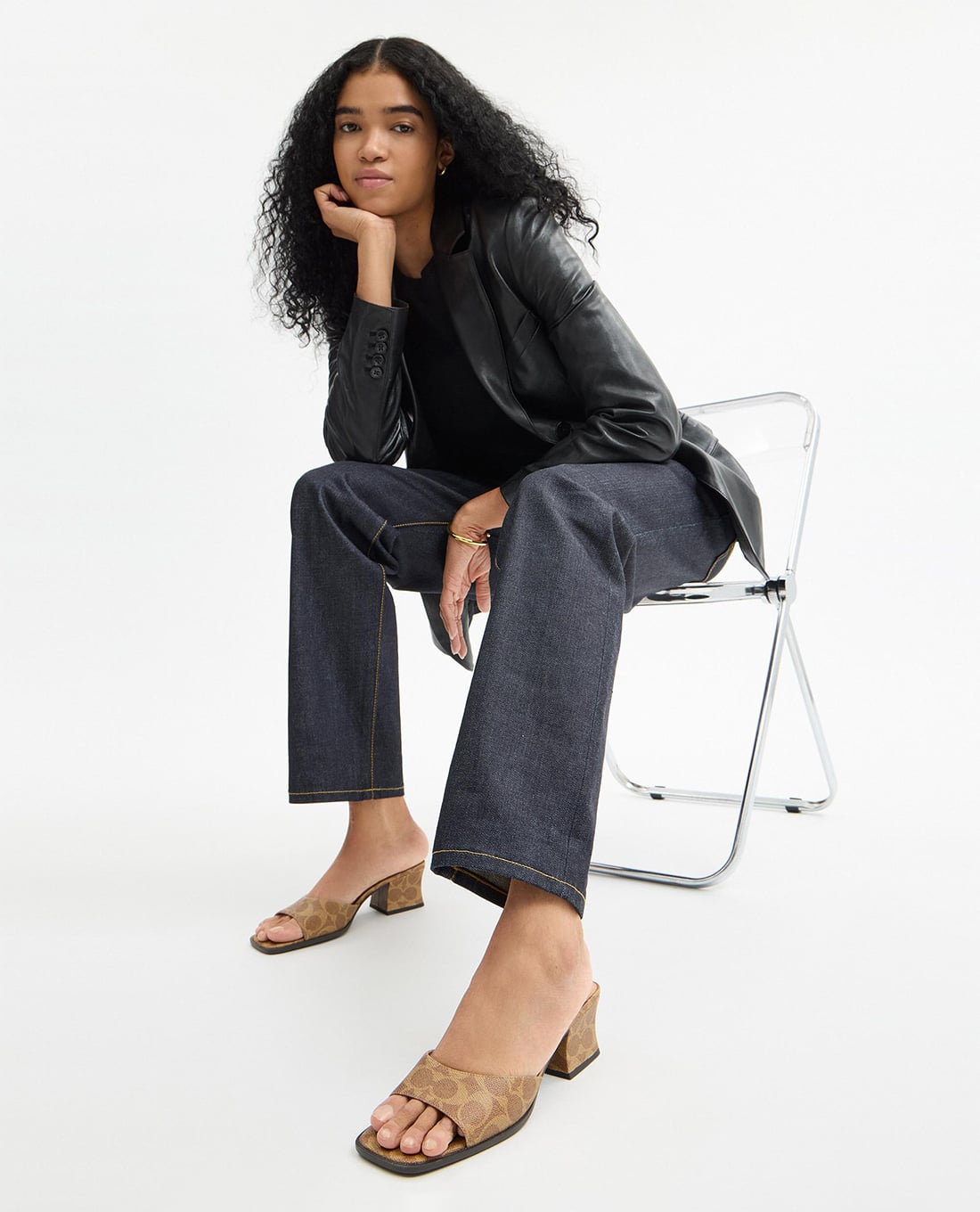 COACH - Giày mules cao gót nữ mũi vuông Signature Canvas