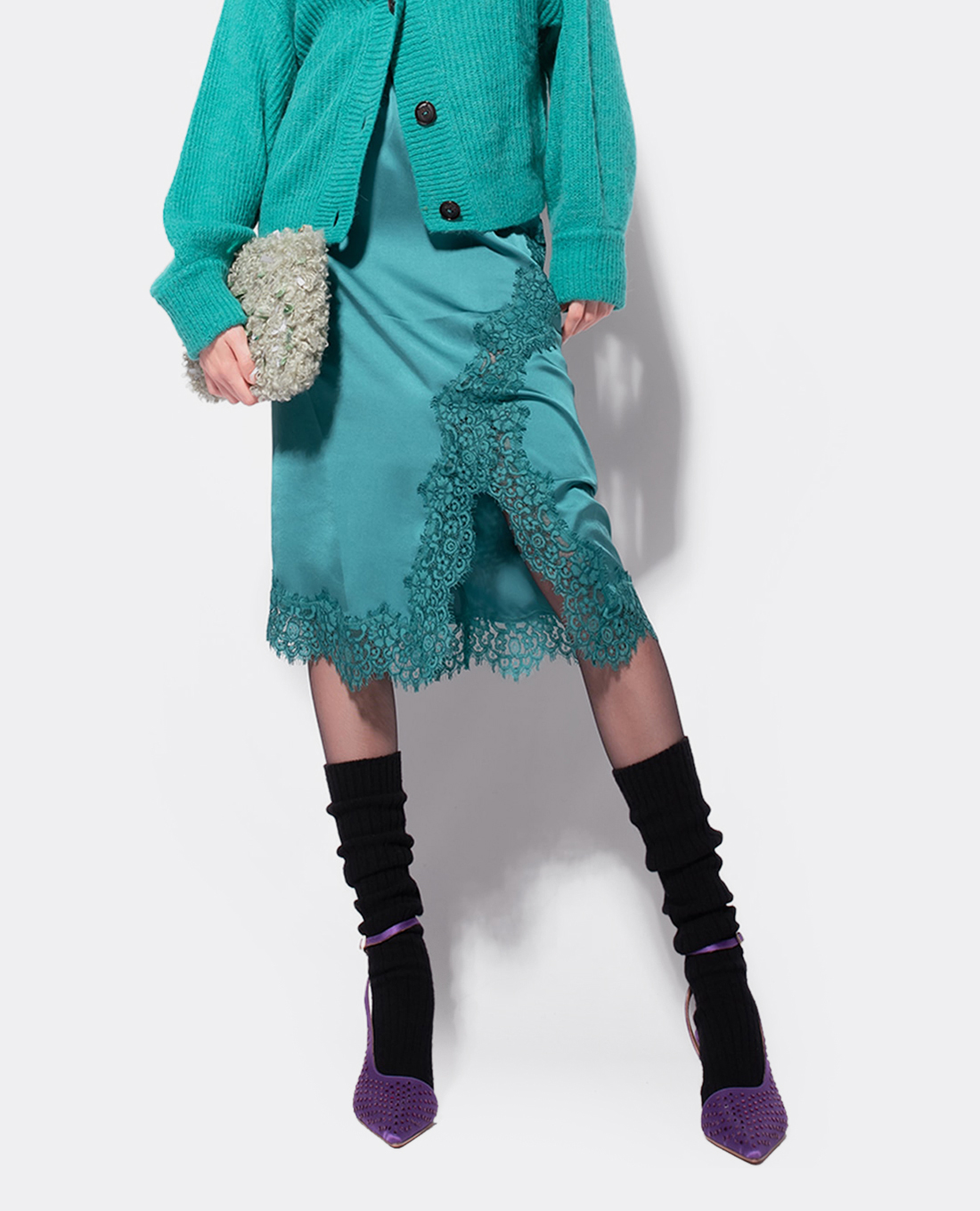 PINKO - Chân váy phom suông midi phối ren Gisella