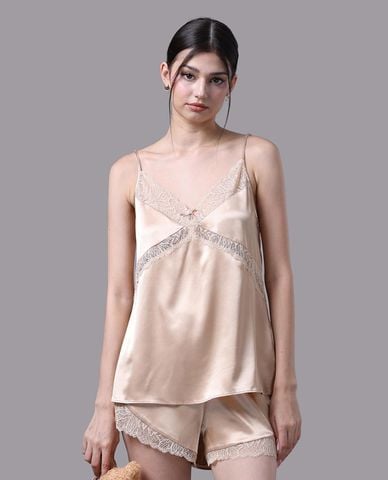  VERA - Bộ quần áo nữ ngắn mặc nhà satin trơn phối ren 