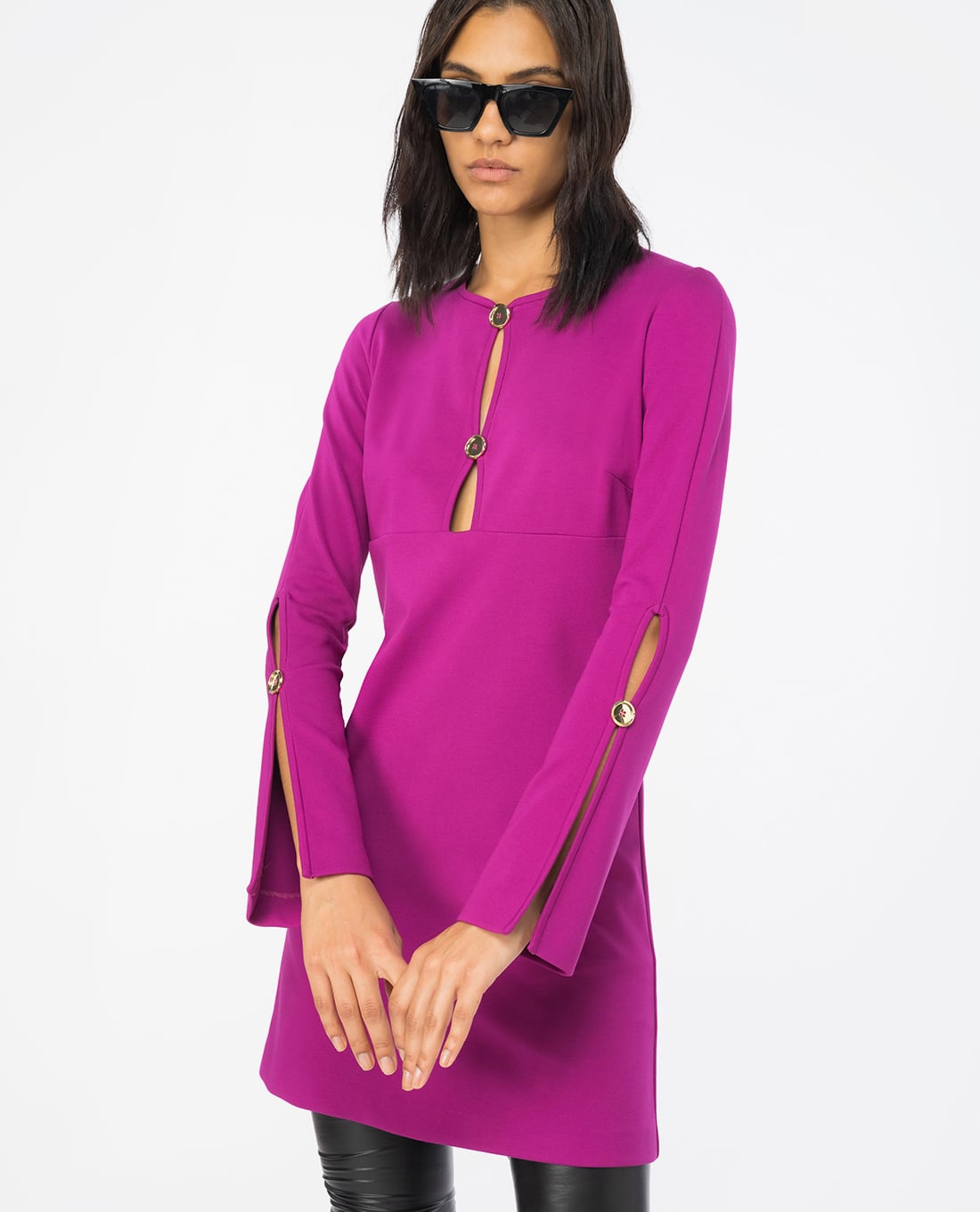 PINKO - Đầm mini cổ V tay dài phối cúc bấm Aquarios