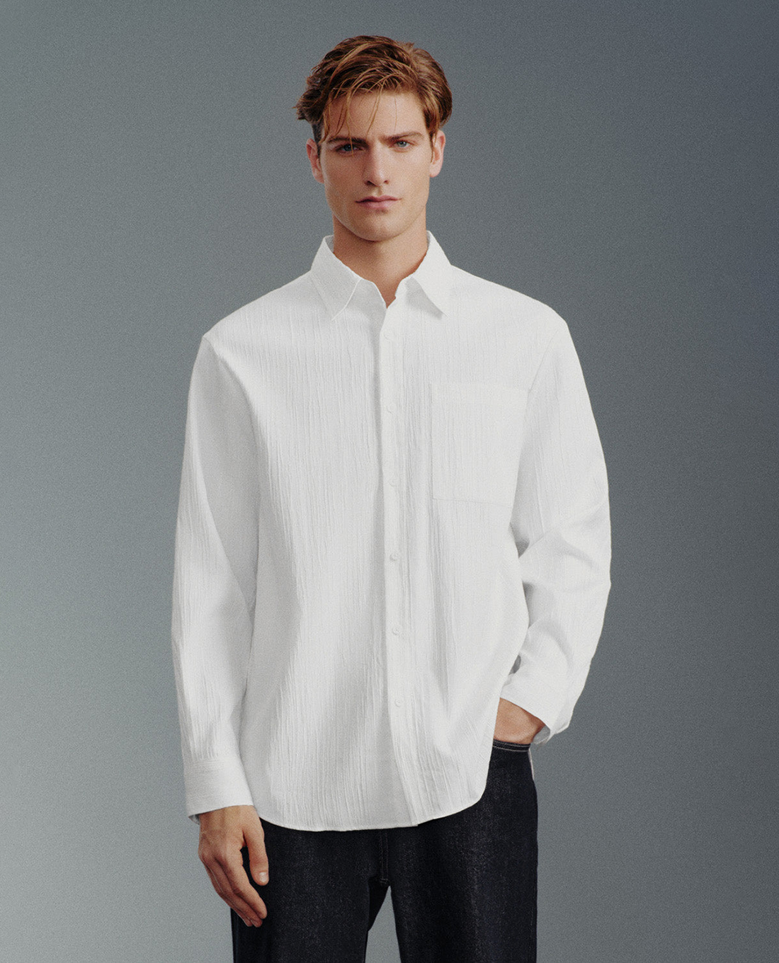 URBAN REVIVO - Áo sơ mi nam cổ bẻ tay dài Textured Button Up