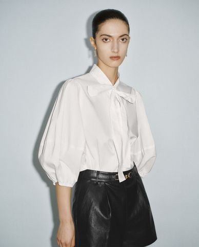  URBAN REVIVO - Áo sơ mi nữ cổ cao tay lửng phối nơ nữ tính 