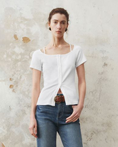  URBAN REVIVO - Áo kiểu nữ cổ U tay ngắn 2 in 1 