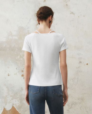  URBAN REVIVO - Áo kiểu nữ cổ U tay ngắn 2 in 1 