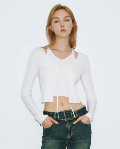  URBAN REVIVO - Áo dệt kim nữ cổ yếm tay dài 2 in 1 