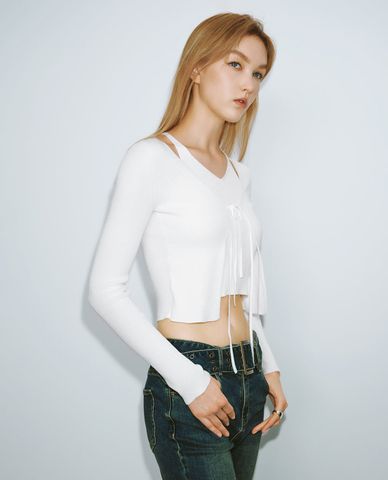  URBAN REVIVO - Áo dệt kim nữ cổ yếm tay dài 2 in 1 