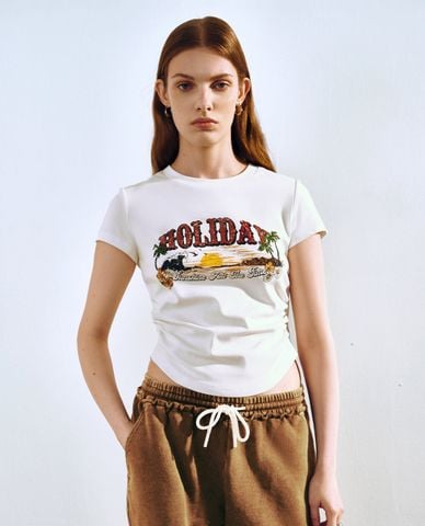  URBAN REVIVO - Áo thun nữ cổ tròn tay ngắn phối dây rút 