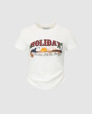  URBAN REVIVO - Áo thun nữ cổ tròn tay ngắn phối dây rút 