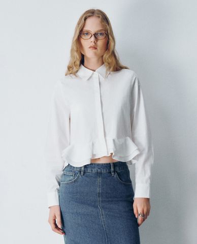  URBAN REVIVO - Áo sơ mi nữ cổ bẻ tay dài Bubble Hem Straight 