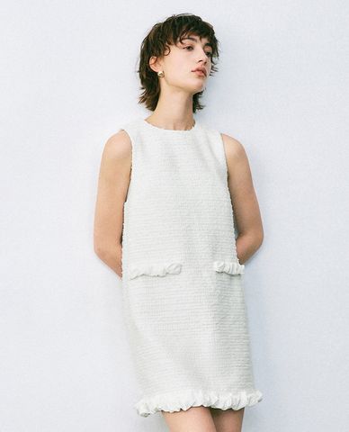  URBAN REVIVO - Đầm sát nách mini phom suông Ruffle Tweed A-Line 