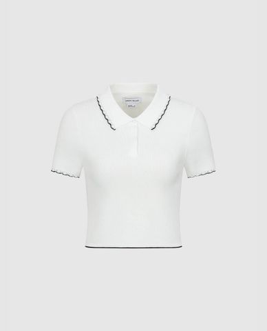  URBAN REVIVO - Áo croptop nữ cổ tròn tay ngắn phối viền 