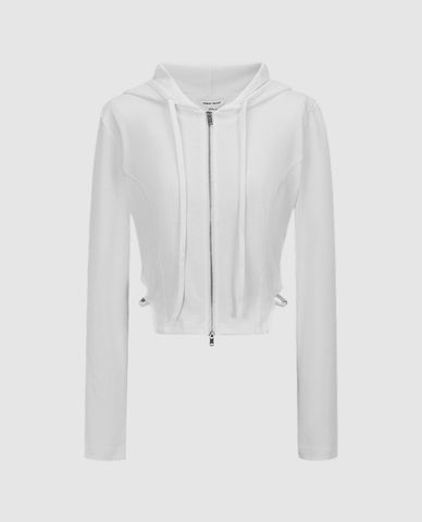  URBAN REVIVO - Áo khoác croptop nữ phối mũ trùm thời thượng 