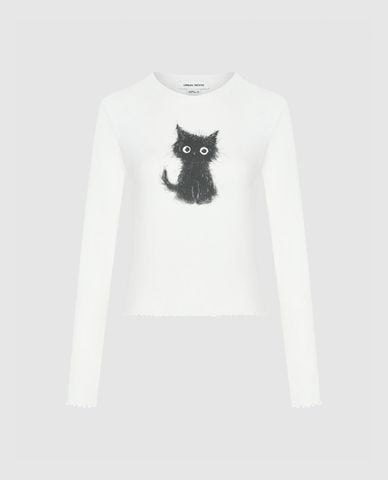  URBAN REVIVO - Áo thun nữ cổ tròn tay dài Cat Printed 