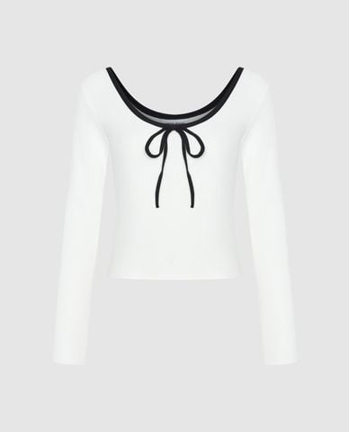  URBAN REVIVO - Áo thun nữ tay dài phom ôm phối nơ nữ tính 