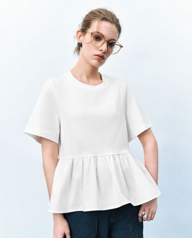  URBAN REVIVO - Áo kiểu nữ cổ tròn tay ngắn dáng xoè 