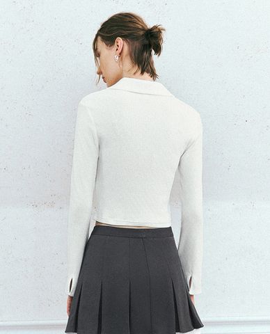  URBAN REVIVO - Áo kiểu nữ cổ bẻ tay dài phối dây rút Collared Neck Skinny 