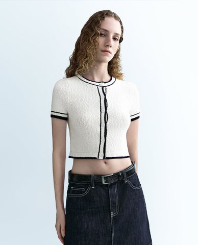  URBAN REVIVO - Áo dệt kim nữ tay ngắn phom croptop 
